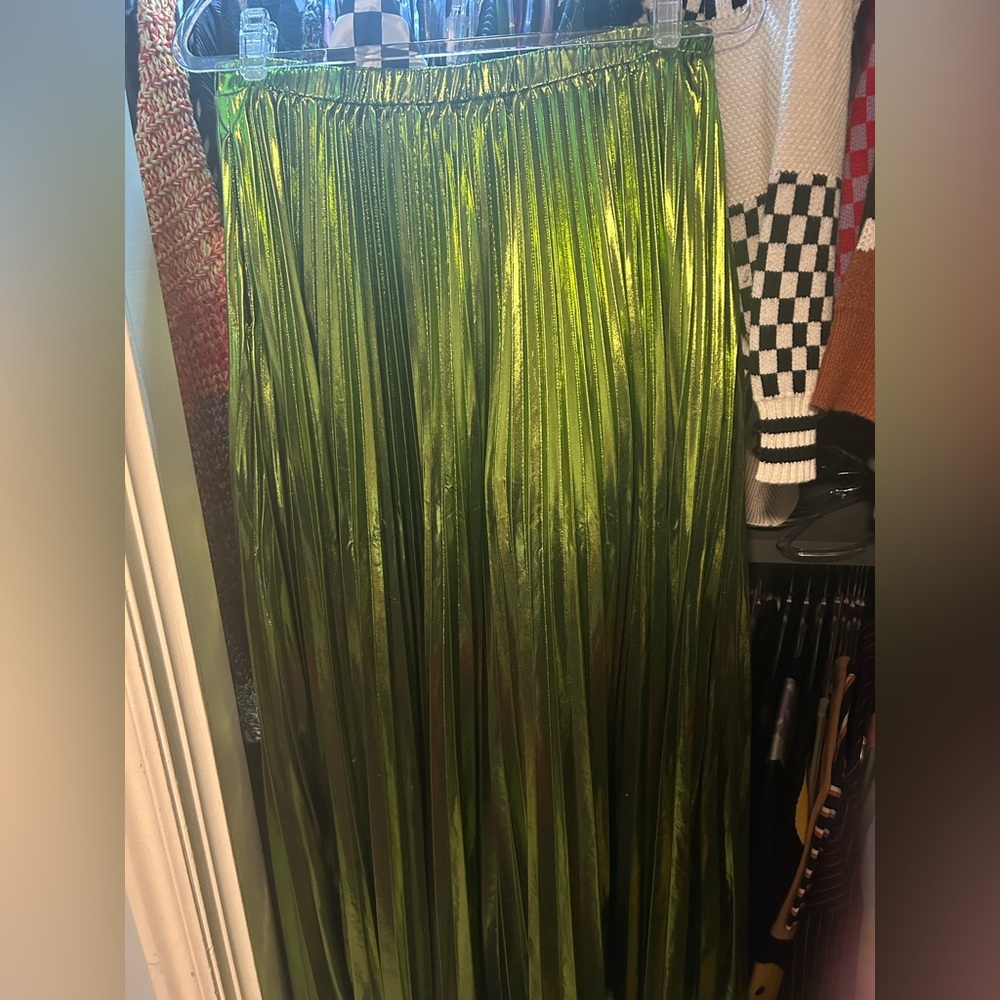 Metallic Pleated Midi Skirt in Electric Lime